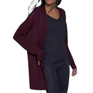 Athleta Shaker Stitch Chevron Maroon Marl Knit Open Front Cardigan Tunic Sweater